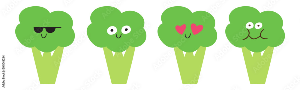 Obraz premium Hand drawn cute broccoli characters set with various funny emoji faces