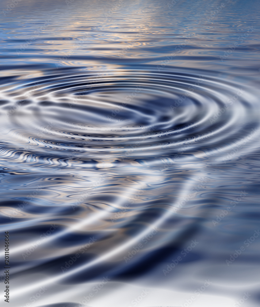 Naklejka premium Drops, ripples or water with liquid reflection for pattern, ambiance or droplet on background. Abstract art, circle and drip with motion or impact of hydro wave, vibration or flow for frequency