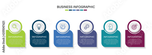 Business concept infographic template with 6 option. Six colorful graphic elements. Can be used for process diagram, presentations, workflow layout, banner, flow chart, info graph.