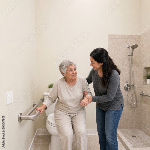 Caregiver assisting elderly woman in accessible bathroom with grab bar