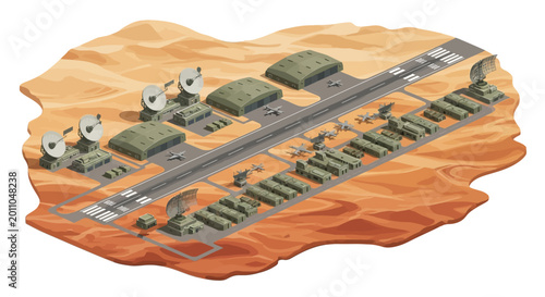 A high-angle 3D render depicts a military base on a reddish-brown terrain, featuring several hangars, radar dishes, and a landing strip, all arranged in a structured layout under bright