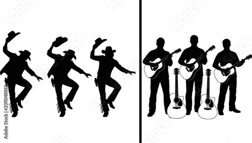 Fotografie Collection of cowboy dancing silhouettes and musicians playing acoustic guitars