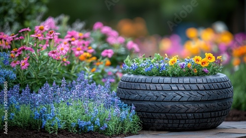 Tire planter with flowers in vibrant garden