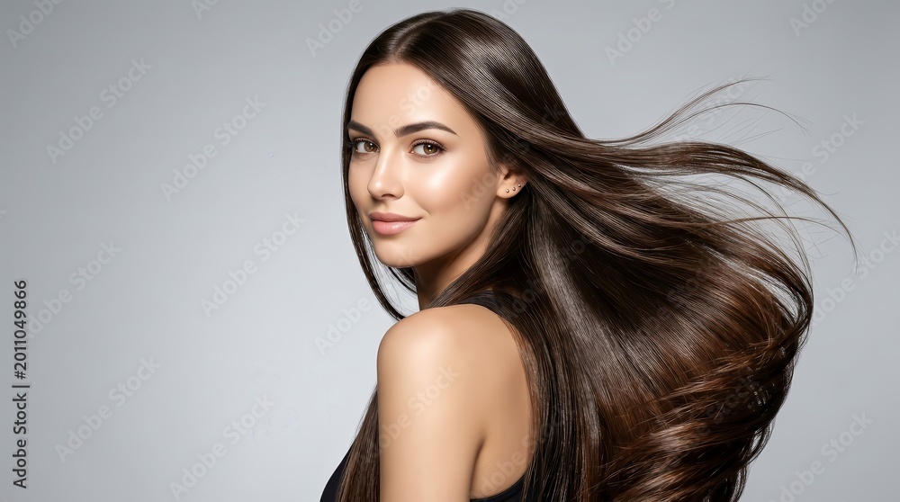 Fototapeta premium Sleek long shiny brown hair for spa care and keratin treatment styling.