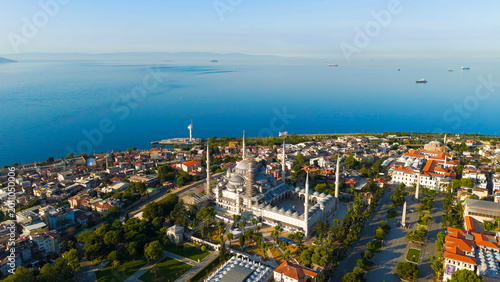 Istanbul, Turkey. Blue Mosque, Sultanahmet Square, Fatih. Minaret restoration, aerial view, morning sun, Bosphorus. Aerial View