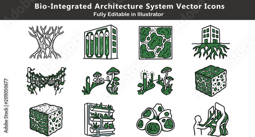 Bild auf Leinwand Bio-integrated architecture vector icons set, living building systems, mycelium