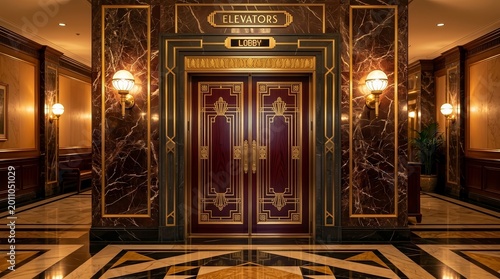 Ornate elevator doors in a luxury art deco structure with gold sconces.