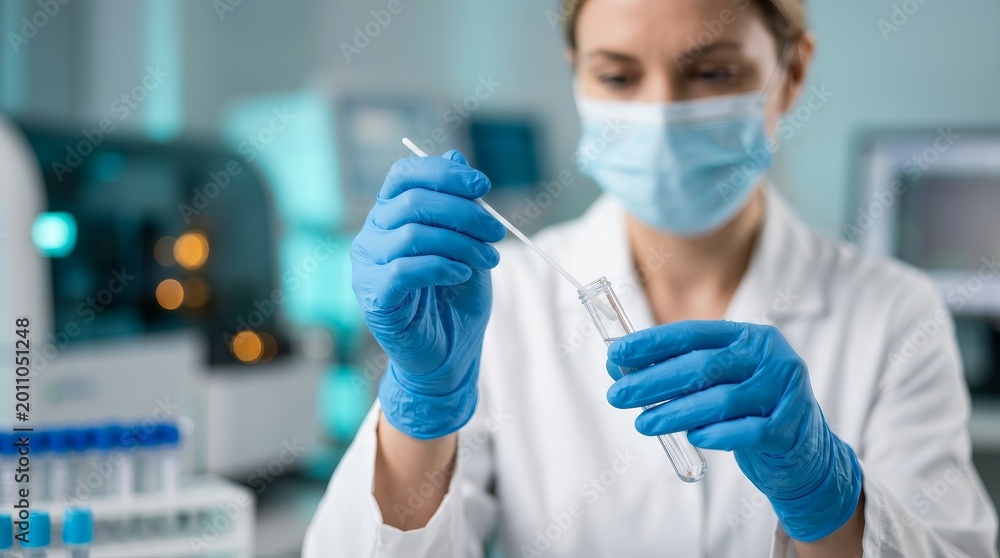 Fototapeta premium Medical professional using a swab test tube for virus detection in a laboratory.