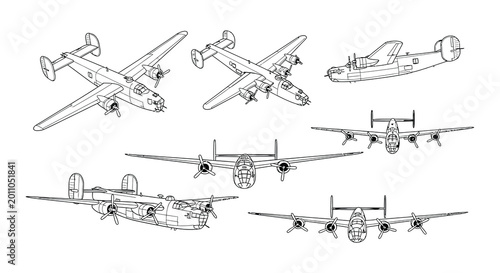 Obraz na płótnie Vector illustration of multiple views of a vintage bomber airplane