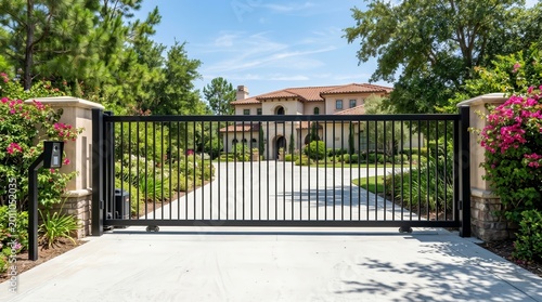 An automatic gate system with black steel bars securing a private driveway.
