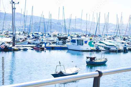 Quadro su tela Seaport with boats and yachts in summer, Moaña, Galicia, Spain