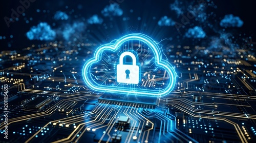 A dramatic composition of cloud security featuring a central lock and secure network connections in a cloud computing diagram.