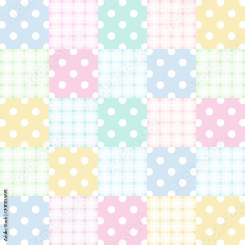 Vector of pastel polka dot and checked patterns for background, wallpaper, backdrop, fabric print, textile, garment, poster, postcard, clothes, texture, decorations, book cover, sticky note, notepads