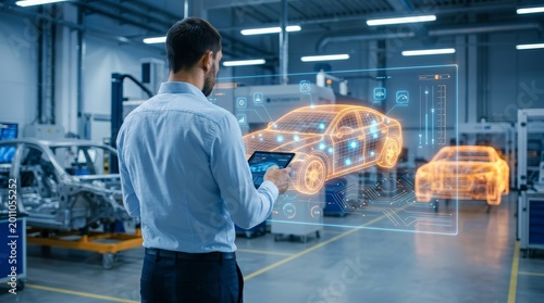 An executive explores vehicle telemetry data on a secure blockchain network within a modern car factory.