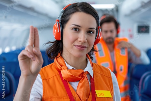 Female flight attendant signals with two fingers while wearing headphones in airplane cabin