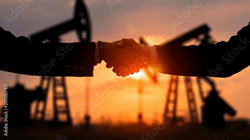 Business partners shaking hands. Making a deal at sunset with oil pumpjacks in the background. Signifying a global energy industry agreement. Partnership. And successful completion of a collaboration
