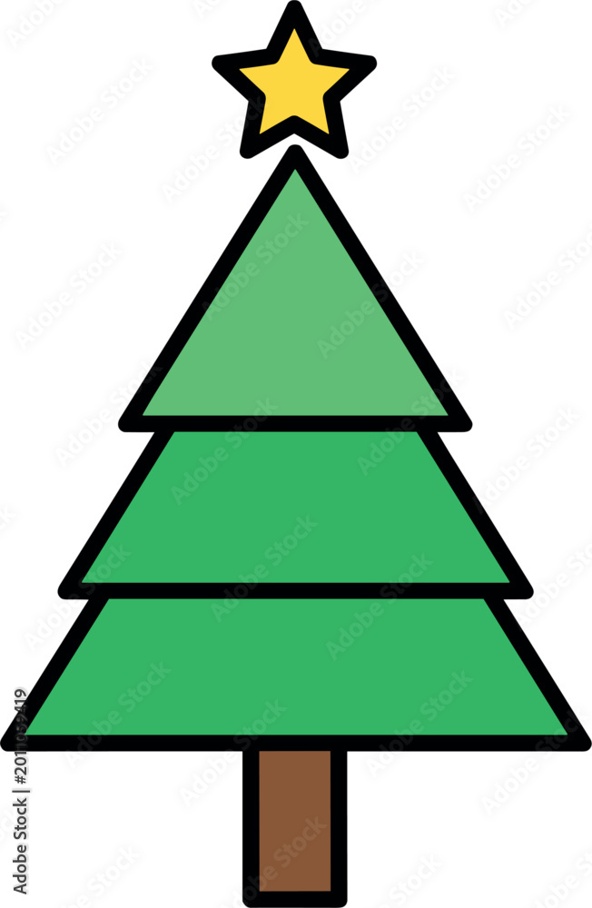 Fototapeta premium Simple Flat Green Christmas Tree with Yellow Star Topper and Brown Trunk for Holiday Festive and Seasonal Graphic Design