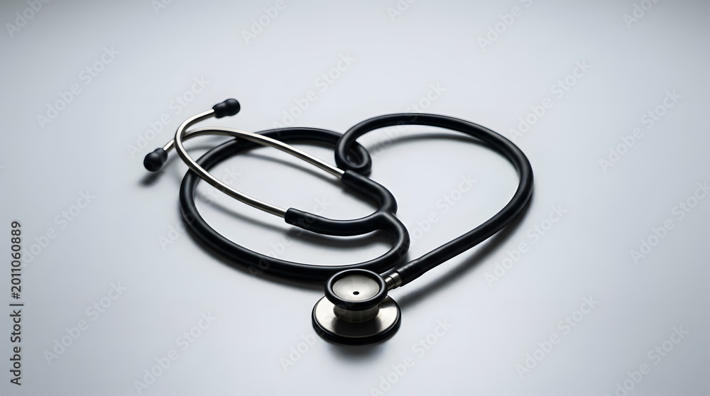 Fototapeta premium Stethoscope shaped like a heart on a clean surface with well being, stethoscope