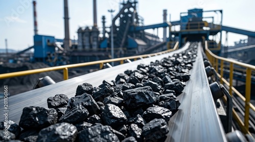 Freshly mined black coal moving on an industrial conveyor belt.