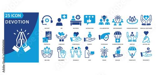 Schilderij op canvas devotion icon set of support, aid, helpdesk, satisfaction, collaboration, empowe