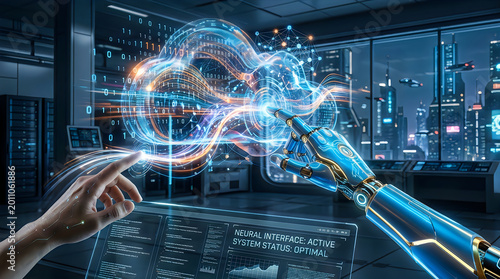 Robotic hand interacting with holographic neural interface data stream