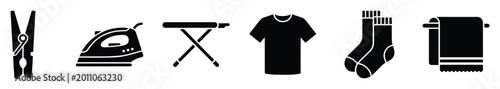 Laundry and clothing care essential black silhouette icons for graphic design use