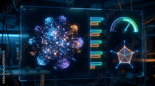 Abstract data network visualization showing statistical performance metrics