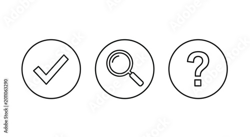 Check mark magnifying glass and question mark icons in circles
