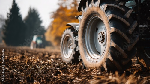 Close-up of Tractor Tires on Farm Field During Autumn Season with Blurred Background of Agricultural Equipment