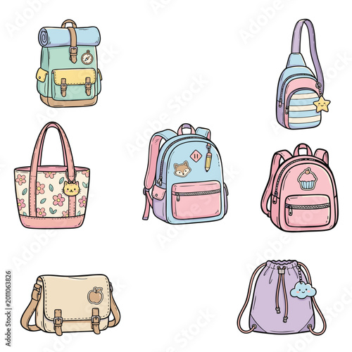 Cute Pastel Bag Collection Set with Backpacks, Tote Bags, Sling Bags and Messenger Bags Hand Drawn Illustration Isolated on Gray Background
