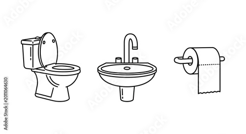 Bathroom fixtures line drawing toilet sink and toilet paper roll
