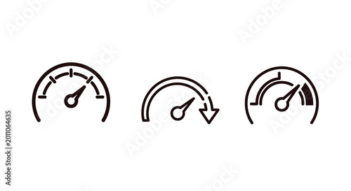 Gauge icons set speed meter symbols with needle black outline