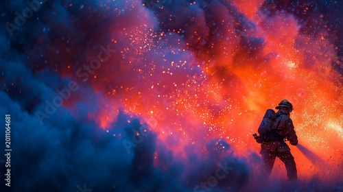 firefighter spraying water on wildfire flames,generative ai illustration