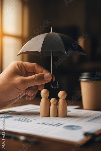 Hand holds black umbrella over wooden family figures on life insurance policy documents, symbolizing family protection, financial security, coverage and long-term planning for loved ones and dependent