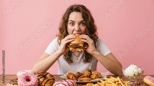 A woman consuming fast food, sweets, and desserts illustrating the concept of binge eating disorder.