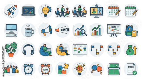 Collection of Business and Technology Icons and Symbols.