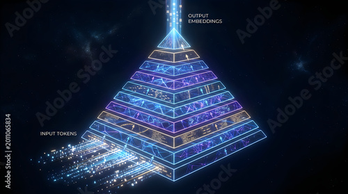 Artificial intelligence pyramid showing input tokens and output embeddings flow