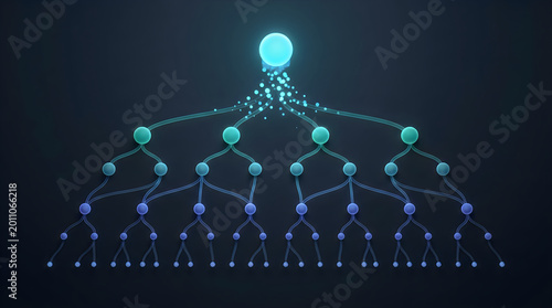 Abstract digital neural network tree structure with glowing nodes and lines