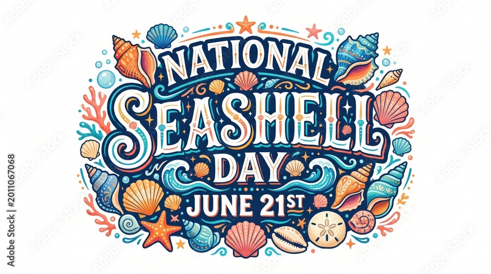 Obraz premium National Seashell Day graphic with colorful seashells and starfish