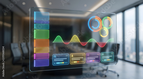 Transparent digital dashboard displaying data charts in modern office
