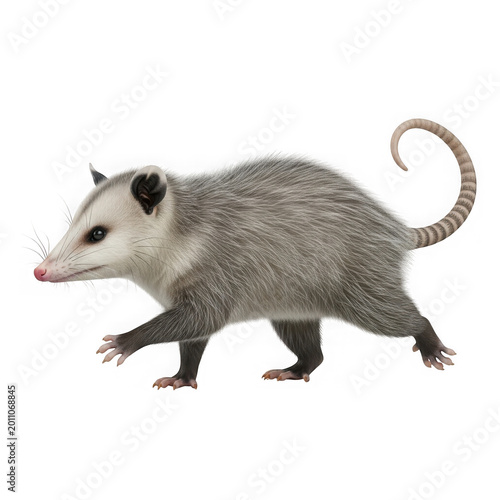 Virginia opossum side view realistic rendering detailed fur texture animal isolated on transparent background