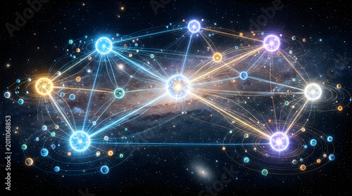 Abstract digital network of interconnected glowing spheres in deep space