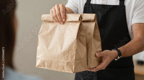 Two boxes with fast food being carried by delivery man in uniform for one of clients