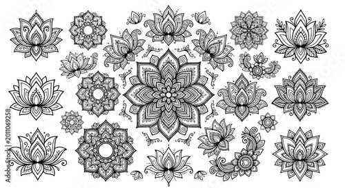 Bild auf Leinwand Mehndi lotus flower pattern vector collection with henna style outline for medit