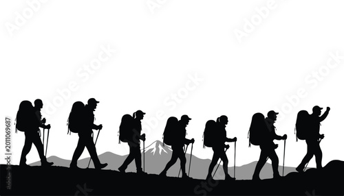 black and white silhouette set of Hiking very high quality vector illustration.