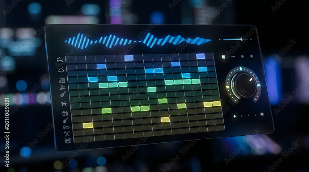 Fototapeta premium Digital music production workstation with glowing electronic audio mixer