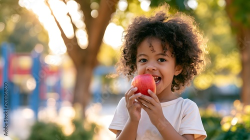 Joyful child enjoys a crisp red apple in sunlit park capturing childhood happiness and carefree summer moments