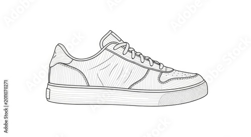 A detailed black and white line drawing depicts a classic low-top sneaker. The shoe features a ribbed upper, a lace-up closure, and a simple, rounded toe.
