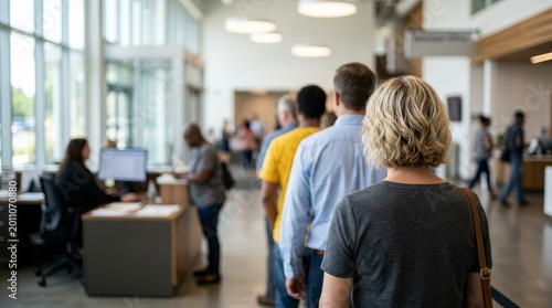 Faceless people waiting in line at a municipal office reception desk for public service administration.