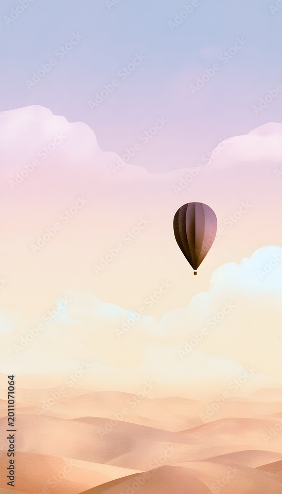 Fototapeta premium Dreamy watercolor illustration of a hot air balloon drifting over soft pastel hills at sunrise